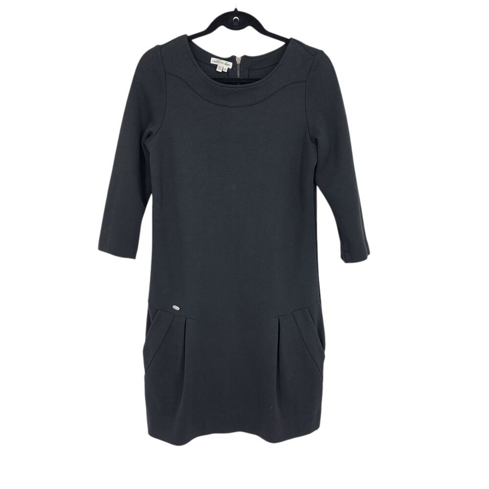 Lacoste 3/4 Sleeve Scoop Neck Black Pocket Exposed Zipper Shift Dress Size 38